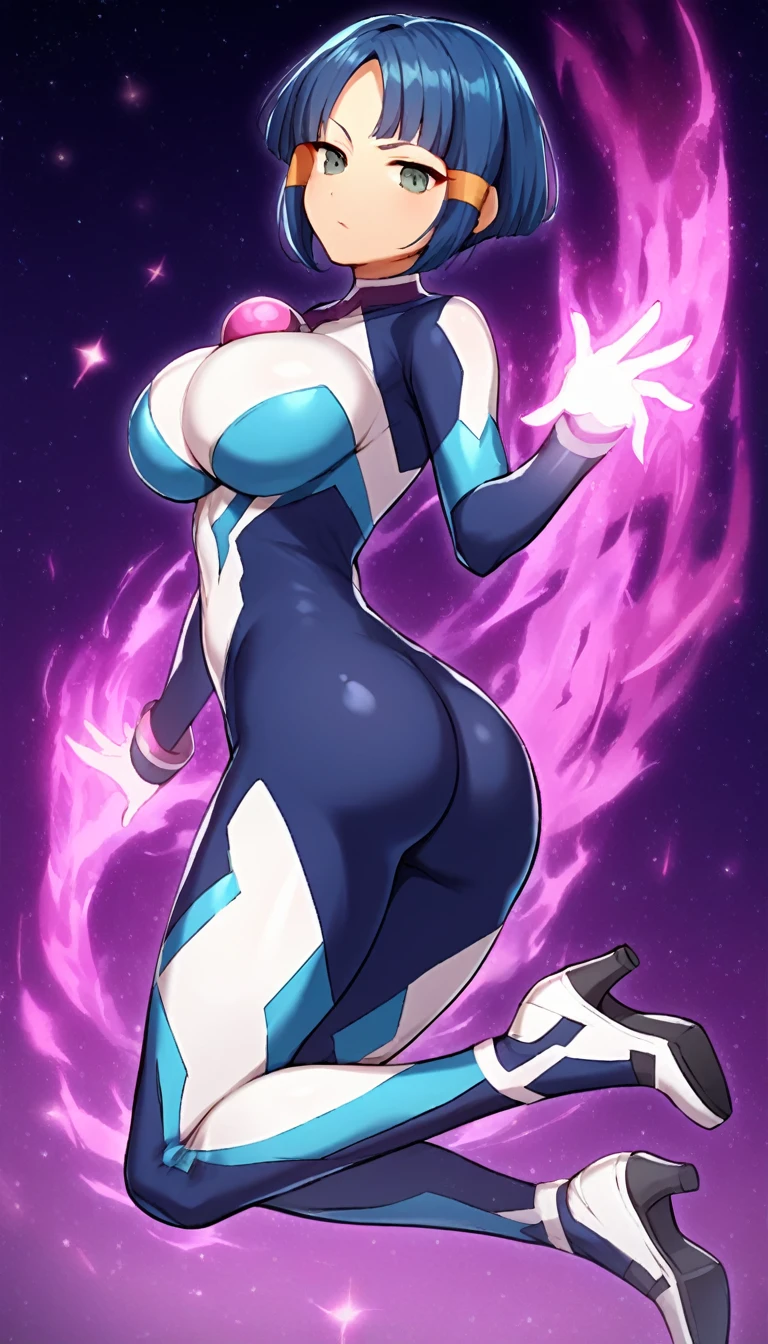 best quality,ultra detailed,solo,score_9, score_8_up, score_7_up, score_6_up, score_5_up, score_4_up, source_anime, 1girl, clara, blue hair, hair tubes, grey eyes, bodysuit,big breasts, standing sexy pose, (behind view,portrait),full body,heavenly ass, heavenly breasts, big ass, no shoes, wearing white heels, upset, face, long legs, tight bodysuit, tight sleeves, white bodysuit, half-closed eyes, backside, charging dark power, charging dark energy, dark energy, using dark power, using energy, using dark energy, charging dark energy, dark aura, backside