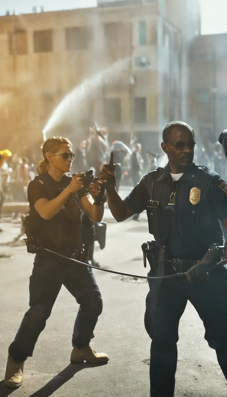 Police confront peaceful protesters with water hoses and dogs, background dark gold sun, hyper realistic, ultra detailed hyper realistic, photorealistic, Studio Lighting, reflections, dynamic pose, Cinematic, Color Grading, Photography, Shot on 50mm lens, Ultra-Wide Angle, Depth of Field, hyper-detailed, beautifully color, 8k