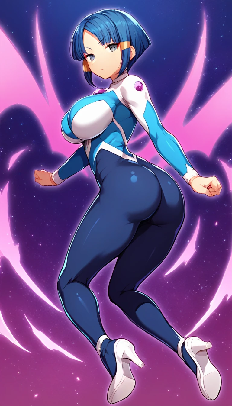 best quality,ultra detailed,solo,score_9, score_8_up, score_7_up, score_6_up, score_5_up, score_4_up, source_anime, 1girl, clara, blue hair, hair tubes, grey eyes, bodysuit,big breasts, sexy pose, (behind view,portrait),full body, sranding on lava,heavenly ass, heavenly breasts, big ass, no shoes, wearing white heels, upset, cute, face, long legs, tight bodysuit, tight sleeves, white bodysuit, half-closed eyes, backside