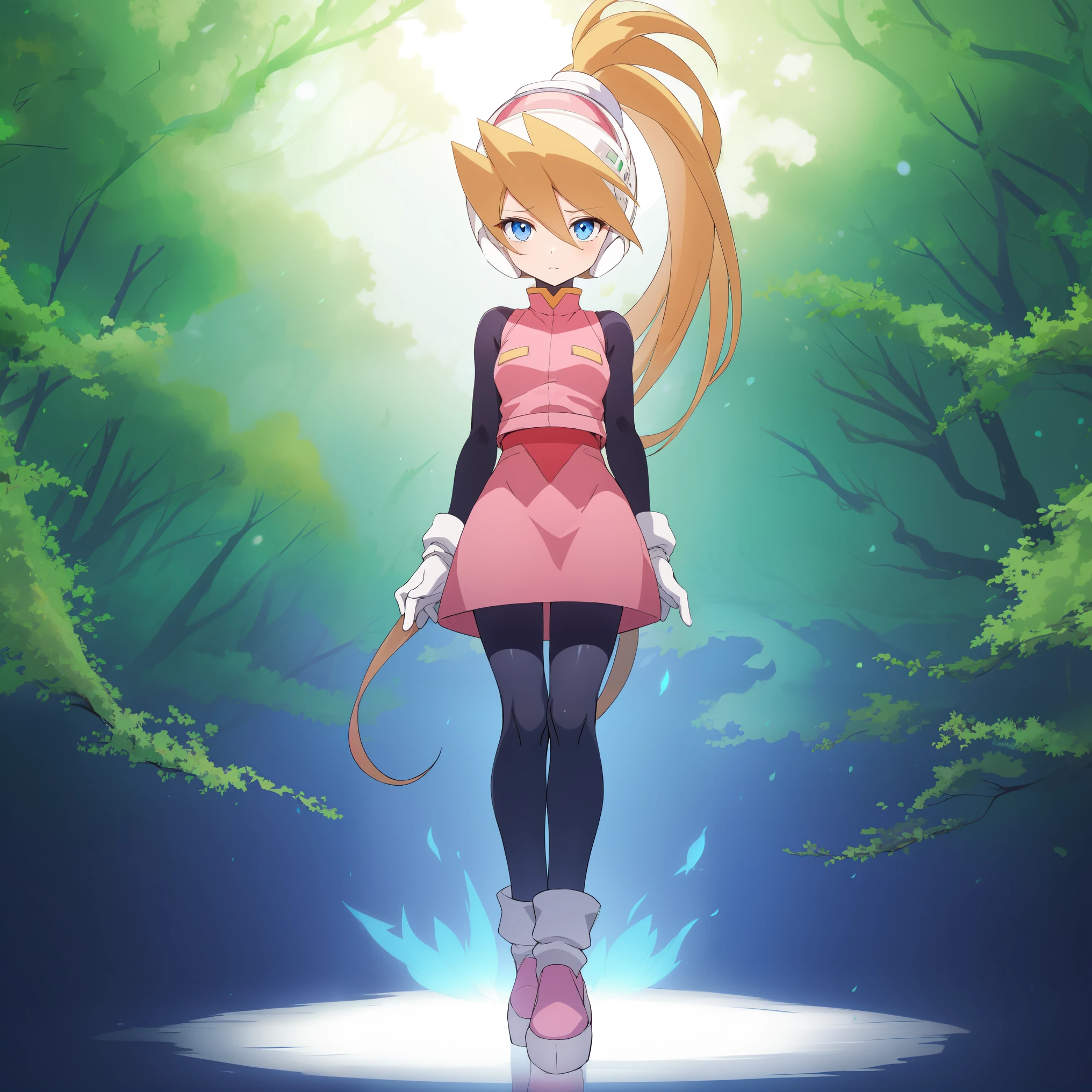 ciel_megamanz, 1girl, solo, long hair, blue eyes, blonde hair, ponytail, headgear, pantyhose, white gloves, pink dress, high quality, masterpiece, standing with green flames coming from a tree