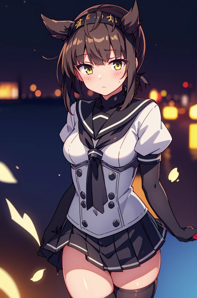 hatsuzuki_kantaicollection, short_hair, hair_flaps, headband, brown_hair, hairband, bodysuit, serafuku, hachimaki, blush, yellow_eyes, black_hair, brown_eyes, black_skirt, neckerchief, pleated_skirt, school_uniform, short_sleeves, skirt, black_gloves, corset, sailor_collar,hatsuzuki_kantaicollection