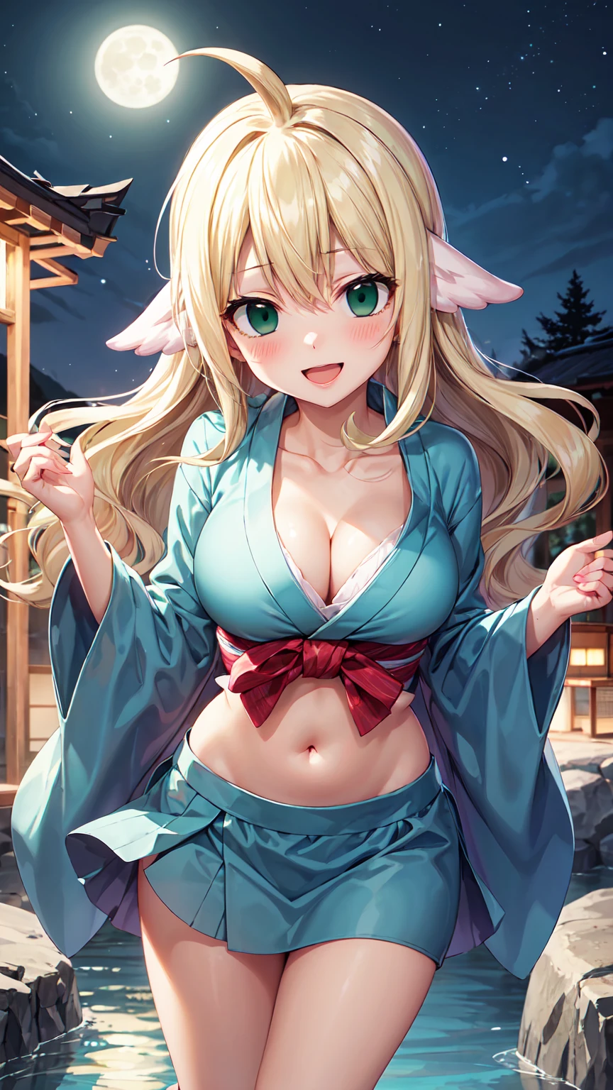 Masterpiece ,best quality , high resolution , (1 girl solo:1.38) , (mavis, long hair, blonde hair, (green eyes:1.5), ahoge, wavy hair) , (cleavage:1.2) , (medium breast:1.28) , (wear wearing a yukata belly , navel , japanese cloth ) , (cleavage:1.15) , (big breast:1.1) , (face view , look at view , looking down , from below , low angle view) , (outdoor , in hot_spring , night , hot_spring hotel , pund , night , moonlight) , (standing , thighs ) , ( smile , open mouth , full face blush , shy )