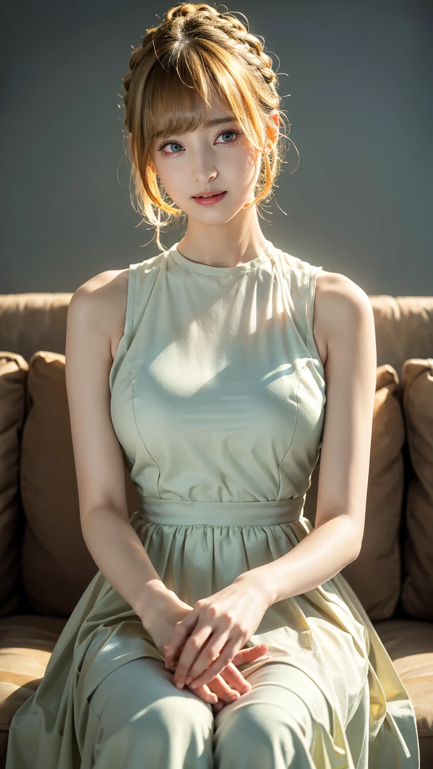 Sweet Girls Clothes 9,Yellow Dress,, (whole body), ((Sitting)), (Surrealism), (figure), (Increased resolution), (8K), (Very detailed), (Best figure), (Beautiful and delicate eyes), (Highest quality), (Super detailed), (masterpiece ), ( wallpaper), (Delicate face),Blonde, curl,(High top fade in and out:1.3), (Laugh brightly, Bright appearance), Dark Theme, Calm tone, Soft colors, High Contrast, (Natural skin texture, Surrealism主义, Soft Light, impatient),Exposure Blending, Medium Shot, Bokeh, High Contrast, (movie, Cyan and orange:0.85), (Soft colors, fade, Calm tone:1.3), High saturation, (Super detailed:1.2),(Large Breasts :1.2)