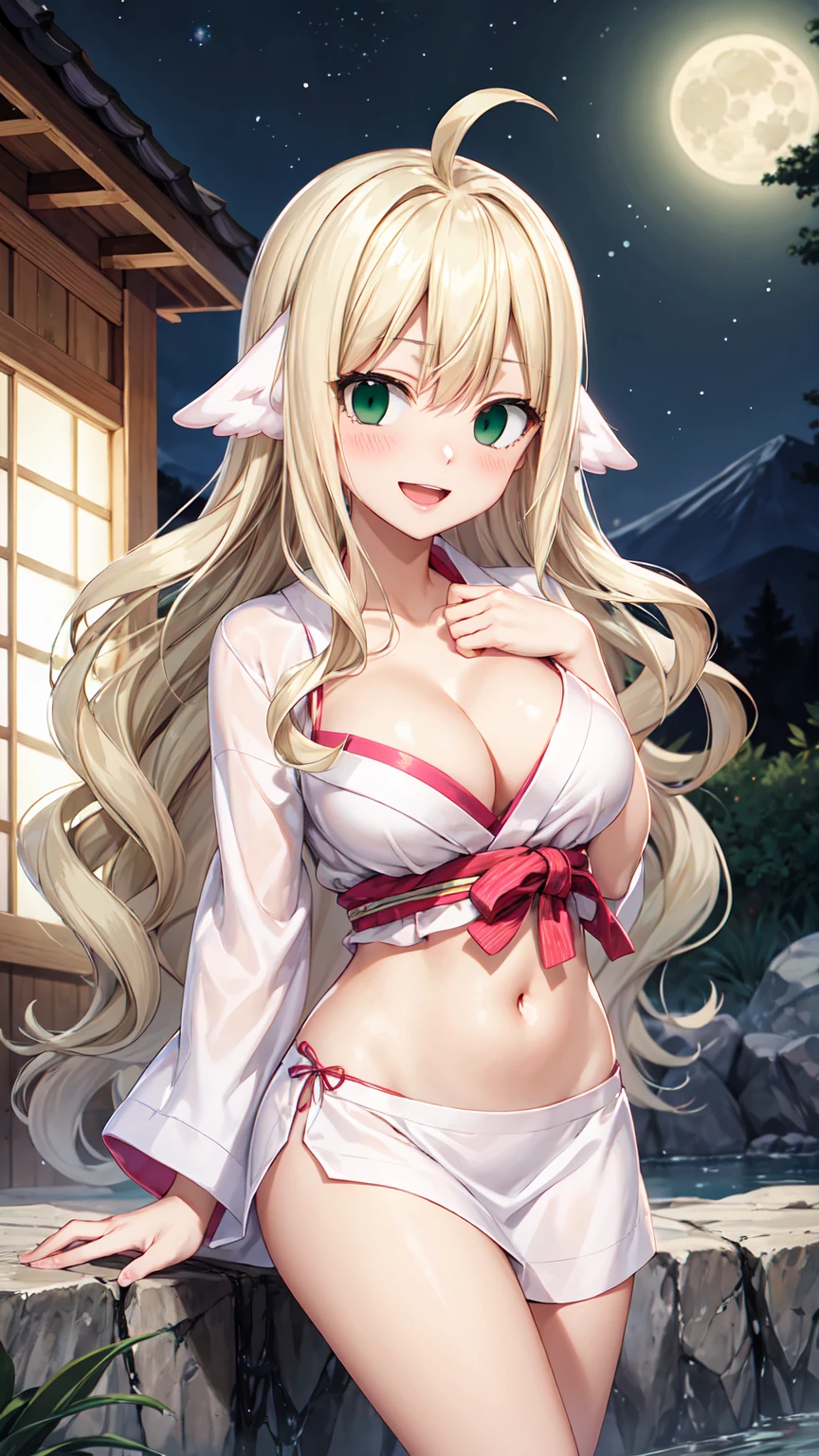 Masterpiece ,best quality , high resolution , (1 girl solo:1.38) , (mavis, long hair, blonde hair, (green eyes:1.5), ahoge, wavy hair) , (cleavage:1.2) , (medium breast:1.28) , (wear wearing a yukata belly , navel , japanese cloth ) , (cleavage:1.15) , (big breast:1.1) , (face view , look at view ) , (outdoor , in hot_spring , night , hot_spring hotel , pund , night , moonlight) , (standing , thighs ) , ( smile , open mouth , full face blush , shy )