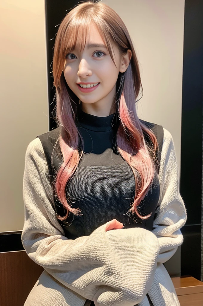 Highest quality, Ultra-high resolution, (Realistic:1.4), (Detailed beautiful girl:1.4), (Medium chest:0.8), Looking_in_Audience, Detailed facial details, 美しい細部まinこだわった目,Pink Hair, blue eyes, thin, An unforgettable smile, (compensate:0.3), Red lips, Very fine clothing, (Urzan-6500-v1.1:0.3)