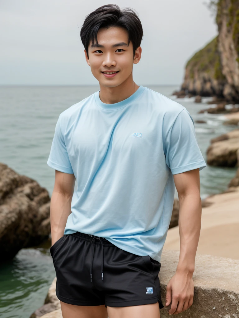 独奏: 1.5, (As a matter of fact, Masterpiece, 8k HD, good light quality, sportswear, fit the face, complicated details), A handsome, muscular young Korean man. , 20 years old, be happy, smile brightly, detailed face, delicate eyes, look at the sky, Wearing a tight, light blue t-shirt.:1.6, period, black eyes, Black hair color, ผมsmooth, smooth, outdoor sports, By the sea, nighttime,Surreal,Awesome details,Highest quality,real,Open your mouth to talk. , Close your eyes., By the sea ชายหาด แสงแดด วิ่งเข้าหากล้อง