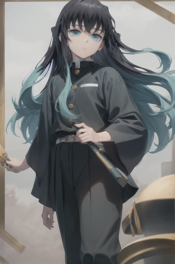 masterpiece, best quality, 1boy, muichiro,long hair, black hair, aqua hair, bangs,  multicolored hair, sidelocks, long sleeves, aqua eyes, demon slayer uniform, pants, standing, looking at viewer, idle, straight hair, horizontal arm