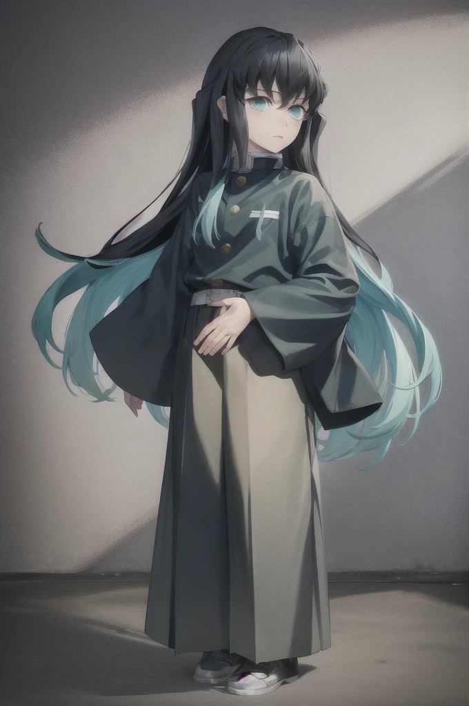 masterpiece, best quality, 1boy, muichiro,long hair, black hair, aqua hair, bangs,  multicolored hair, sidelocks, long sleeves, aqua eyes, demon slayer uniform, pants, standing, looking at viewer, idle, straight hair, horizontal arm