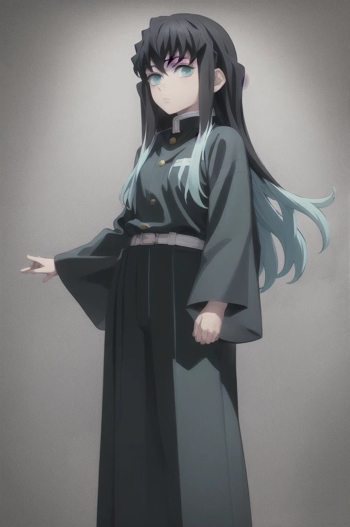 masterpiece, best quality, 1boy, muichiro,long hair, black hair, aqua hair, bangs, multicolored hair, sidelocks, long sleeves, aqua eyes, demon slayer uniform, pants, standing, looking at viewer, idle, straight hair, horizontal arm