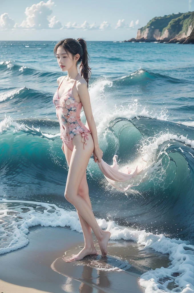 (((best quality))), (((ultra detailed))), (((masterpiece))), illustration,((1 beautiful young girl,solo)),((slim,thin)),(vibrant pink floral swimsuit:1.3),((small breasts,flat chest)),(short ponytail:1.2),((shiny skin,sweat,wet)),(slender legs:1.2),seaside, summer, joyful, playful, physical features, smooth fair skin, gentle sea breeze, endless azure sky, picturesque backdrop, whiteness of sand, deep blues of the sea, waves crashing, internal turmoil, transformation,on the cusp of womanhood, confidence, sexuality, metaphorical plunge, next chapter of life,significance of the moment, beauty of the seaside, celebration of youth, excitement of summer ahead,(standing:1.3),(from front:1.3),(full body:1.3),(arms behind back:1.3)