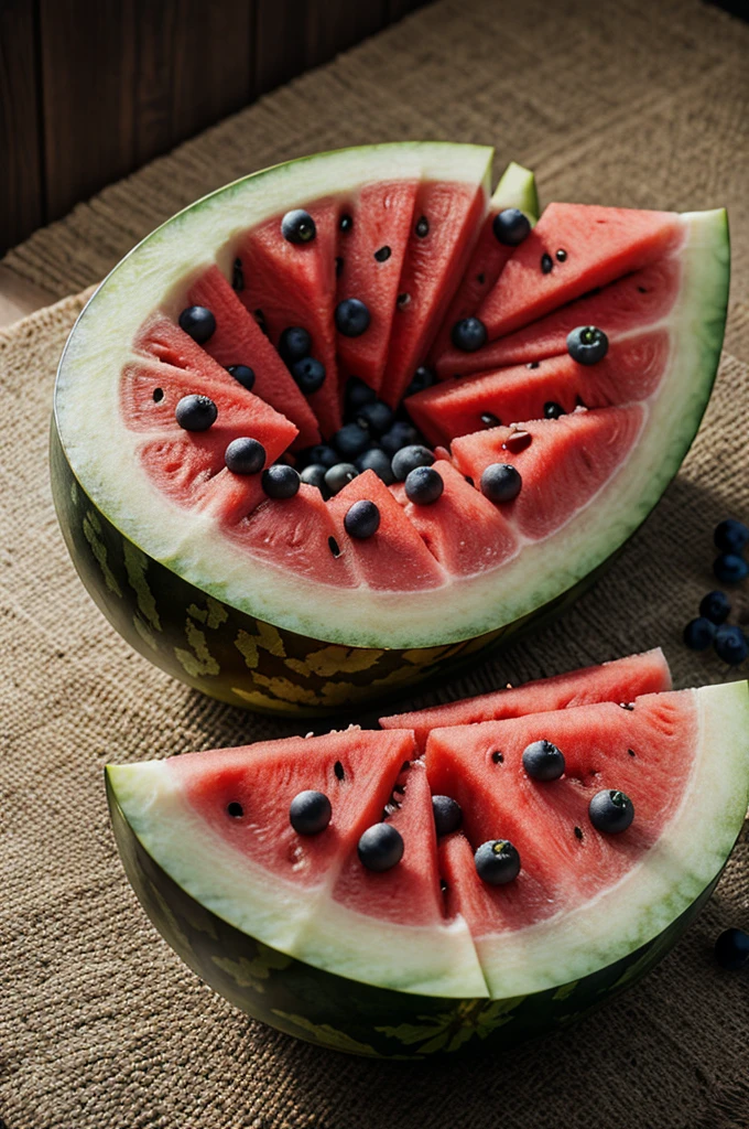 Watermelon photo, 3D photo from country view, Sony 8K camera Hyper realistic black seeded watermelon