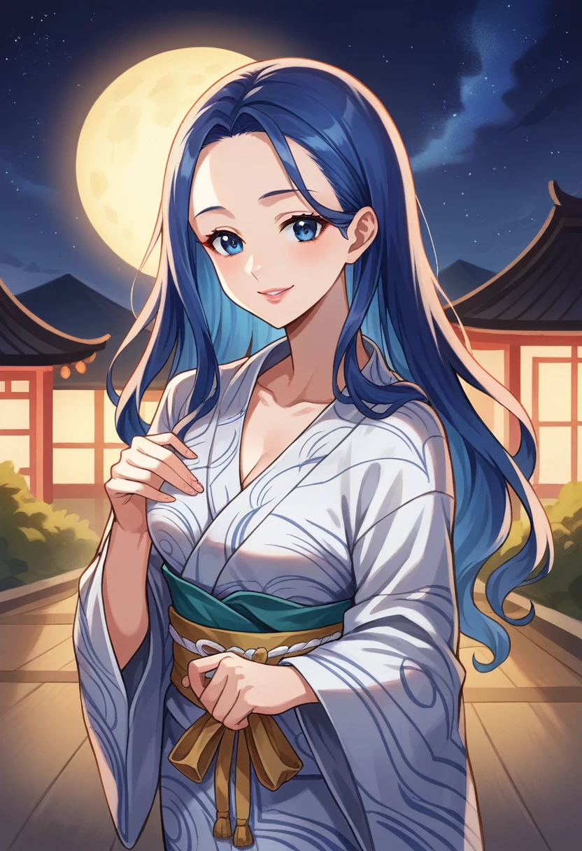 (Tanabata festival style), (in the detailed beautiful night, best sky of Galaxy), (solo:2, 15 yo, forehead blue hair long hair lovely girl, sexy blue eyes, pink lips, love smile, looking at sky), (in a cute yukata), break, background detailed Universe and Meteor shower, BREAK, perfect anatomy, masterpiece, best quality, 16k, beautiful detailed galaxy, daydreaming expression.