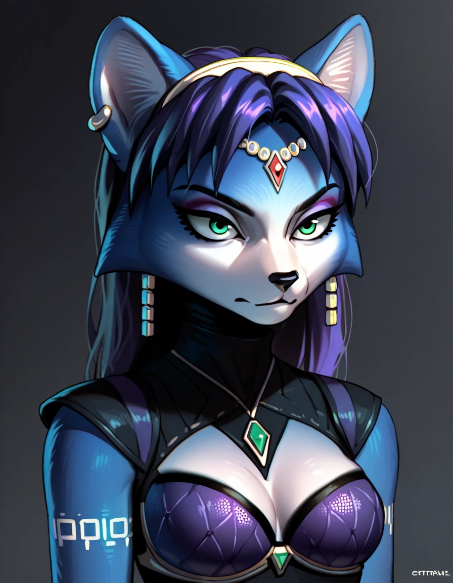 score_9, score_8_up, score_7_up, score_6_up, score_5_up, score_4_up, Krystal swift, violet hair, hair, long hair, purple eyeliner, brown futuristic bra suit, silver circlet, black gemstone, ear piercing, gritty, dark, rating_questionable
