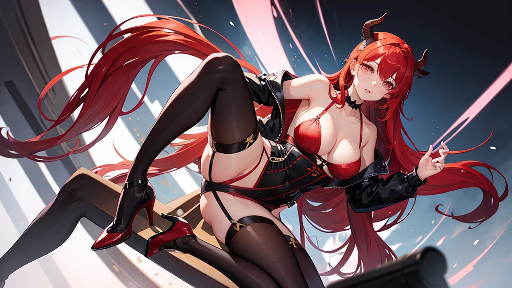 A woman with long red hair tied into a high ponytail with two medium-sized horns protruding from each side of her head. Soft pastel glowing eyes with thin eyebrows. Pronounced breasts and buttocks. Wears a choker around her neck, a black bra, a jacket worn half off her shoulders, a short skirt, thigh-high stockings with a garter belt, and black high heels.