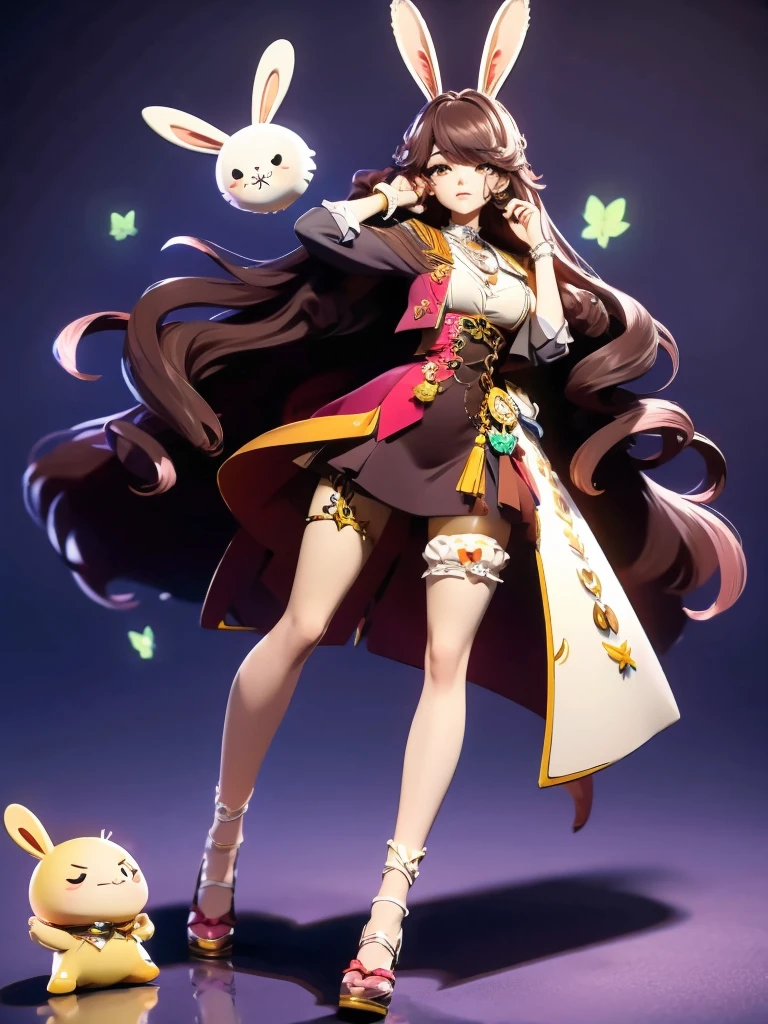 hair divided on half, Seizo Watase style, Simple Line Initialism，Abstract art, 3d character, colorful hearts ,(((The most beautiful girl of all time))),  (full body 1.2), only girl, very long hair, sea background, , full body, (((8k))), (((3d)), dark brown hair, mane of white rabbit ears, action pose