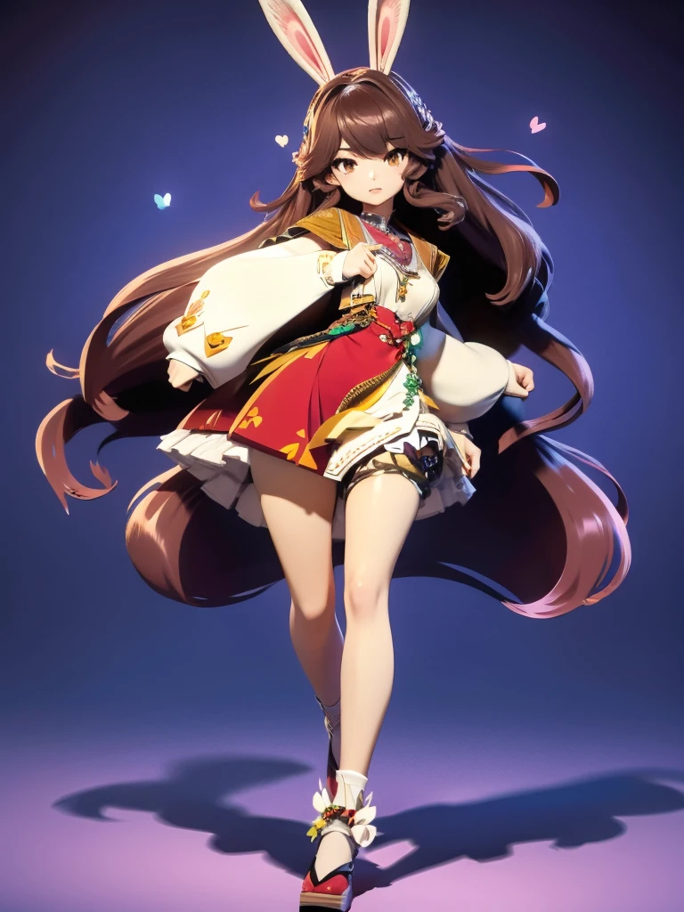 hair divided on half, Seizo Watase style, Simple Line Initialism，Abstract art, 3d character, colorful hearts ,(((The most beautiful girl of all time))),  (full body 1.2), only girl, very long hair, sea background, , full body, (((8k))), (((3d)), dark brown hair, mane of white rabbit ears, action pose