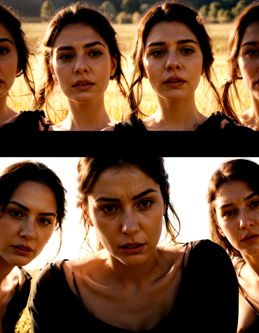 Realistic instagram photo.., detailed pretty faces, expressions of contempt and anger .Huge , three german women standing in a field naked, unclothed, pechos unclothed, Soft natural volumetric light, cinematographic, perfect light, low view