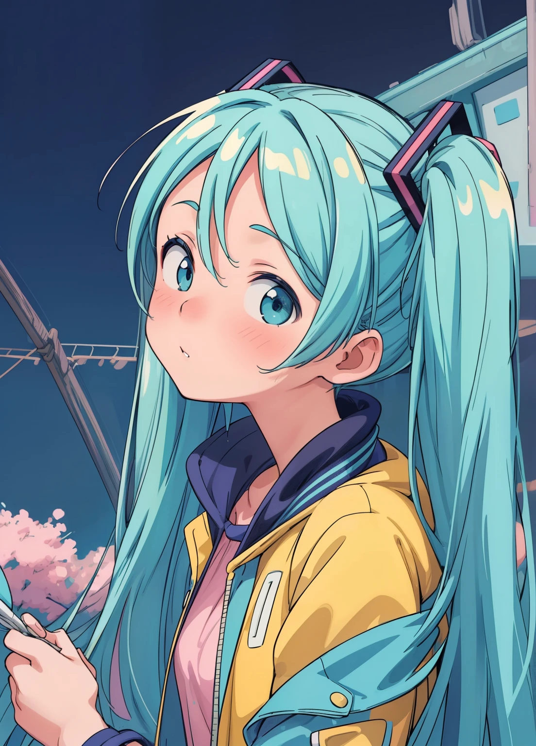 (masterpiece、Highest quality、Highest quality、Official Art、Beautiful and beautiful:1.2)、(One girl:1.3)Hatsune Miku、Twin tails,Beautiful breasts,Anime girl with blue hair and colorful jacket surrounded by many things, Detailed anime artワーク, Trending Anime Artワーク, anime art wallpaper 4k, anime art wallpaper 4k, Beautiful anime art, clean Detailed anime art, Detailed anime art, Anime Graphic Illustration, Detailed digital anime art, Anime Art Wallpapers 8K, Trending Anime Art, Anime illustration, Anime Style 4k