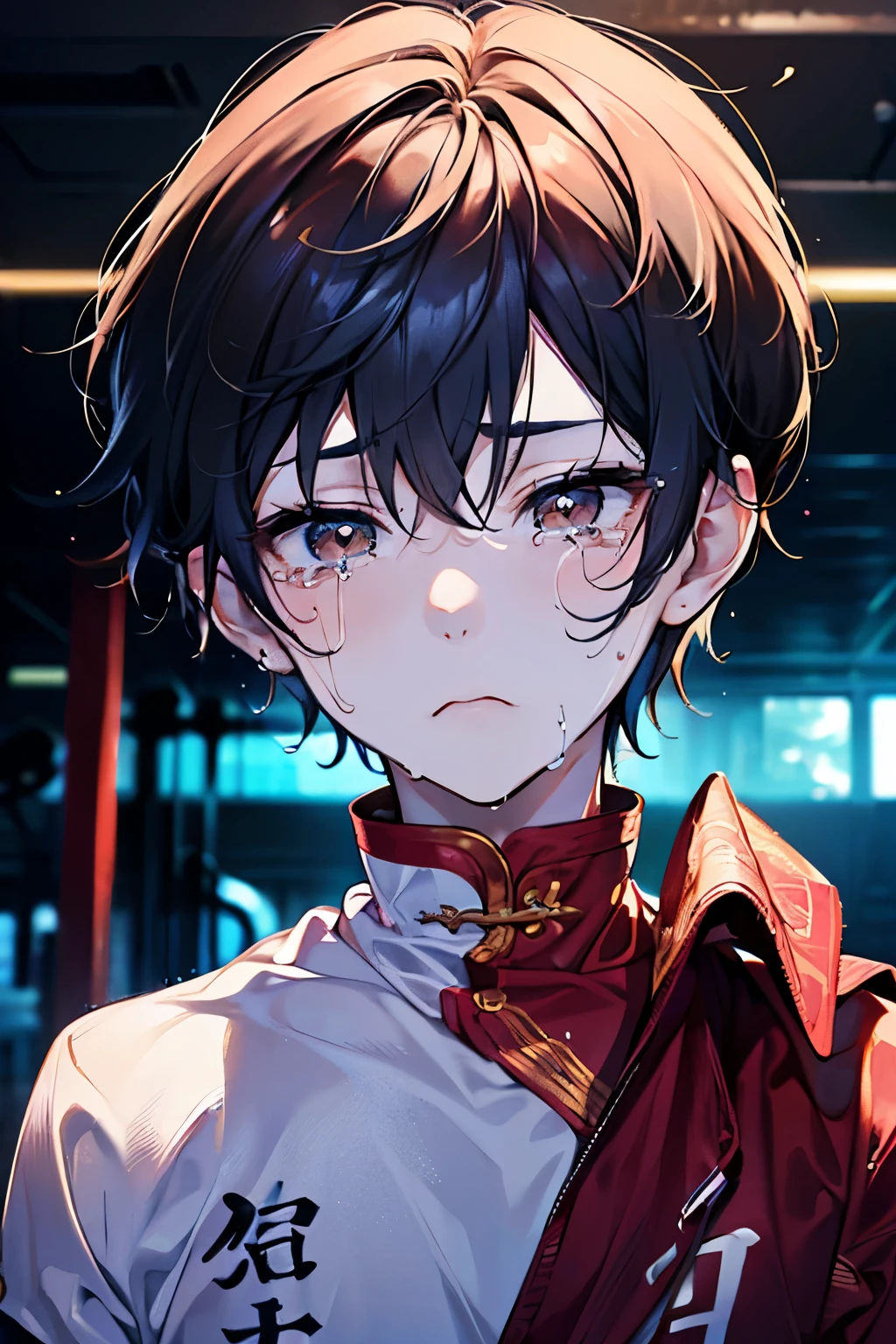 (brush),((cute,kawaii,wonderland)),(Sad face、Sad、🥺),(Crying Pose:1.25),((boy,Shota,juvenile:1.2)),((gym:1.25)),((Jersey、sweat:1.25)),((Morning Renren:1.15)),Angle from below,Angle of incitement,((Stardust Road)),(Short Hair:1.3),Close-up of face.