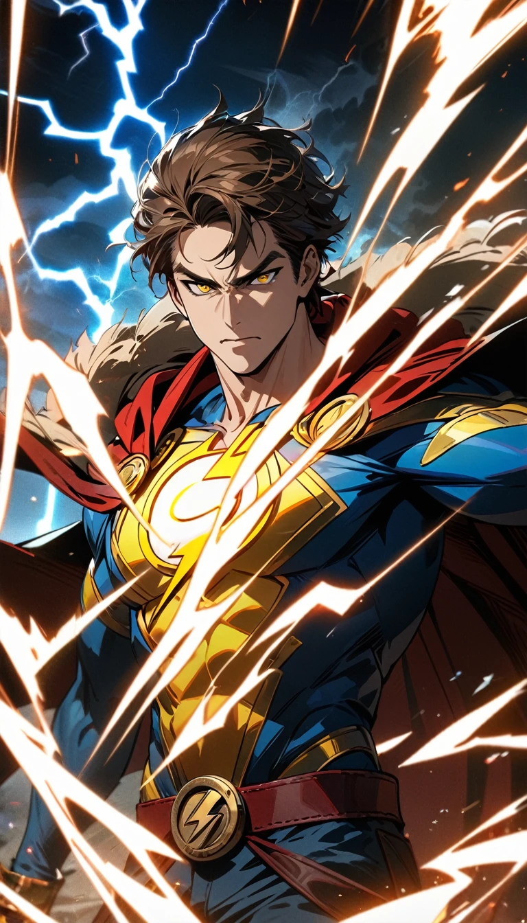 Adult male, long brown hair, yellow eyes, muscles, superhero form, super hero cape, lightning, SHAZAM, Masterpiece, best quality, Full HD, 8k, ultra details, great graphic