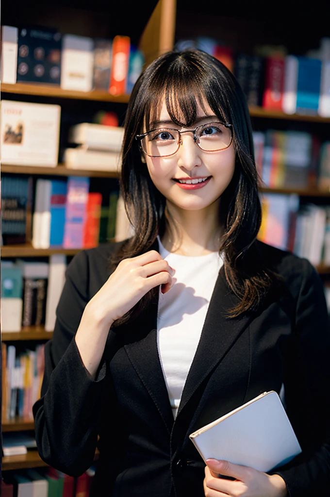 (8K、Raw photo、Highest quality、masterpiece:1.2)、(Realistic、Photorealistic:1.37)、Ultra-detailed、Ultra-high resolution、1 girl、Seeing the viewer、Beautifully detailed face、A smile with slightly visible teeth、narrow、(Slim waist) :1.3)、((Wearing a suit))、Beautifully detailed skin、Skin Texture、Floating Hair、((Keep your hair in one))、Shapely large breasts、Professional Lighting、Autumn evening、library、(((Black square glasses )))、Human whole body、Black Hair、((Embarrassing appearance))、holding a book、