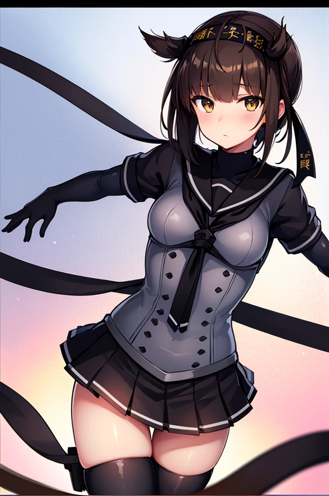 hatsuzuki_kantaicollection, short_hair, hair_flaps, headband, brown_hair, hairband, bodysuit, serafuku, hachimaki, blush, yellow_eyes, black_hair, brown_eyes, black_skirt, neckerchief, pleated_skirt, school_uniform, short_sleeves, skirt, black_gloves, corset, sailor_collar,hatsuzuki_kantaicollection