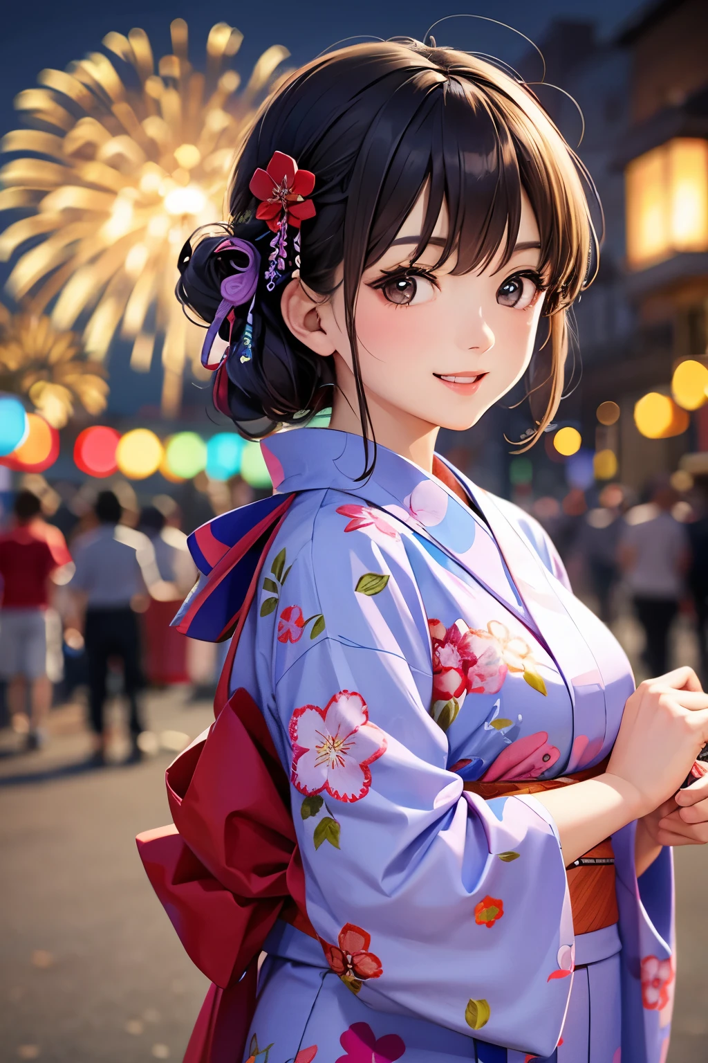Fireworks are being set off. BREAK A cute woman in a yukata is having fun. She has a mischievous smile on her face.
