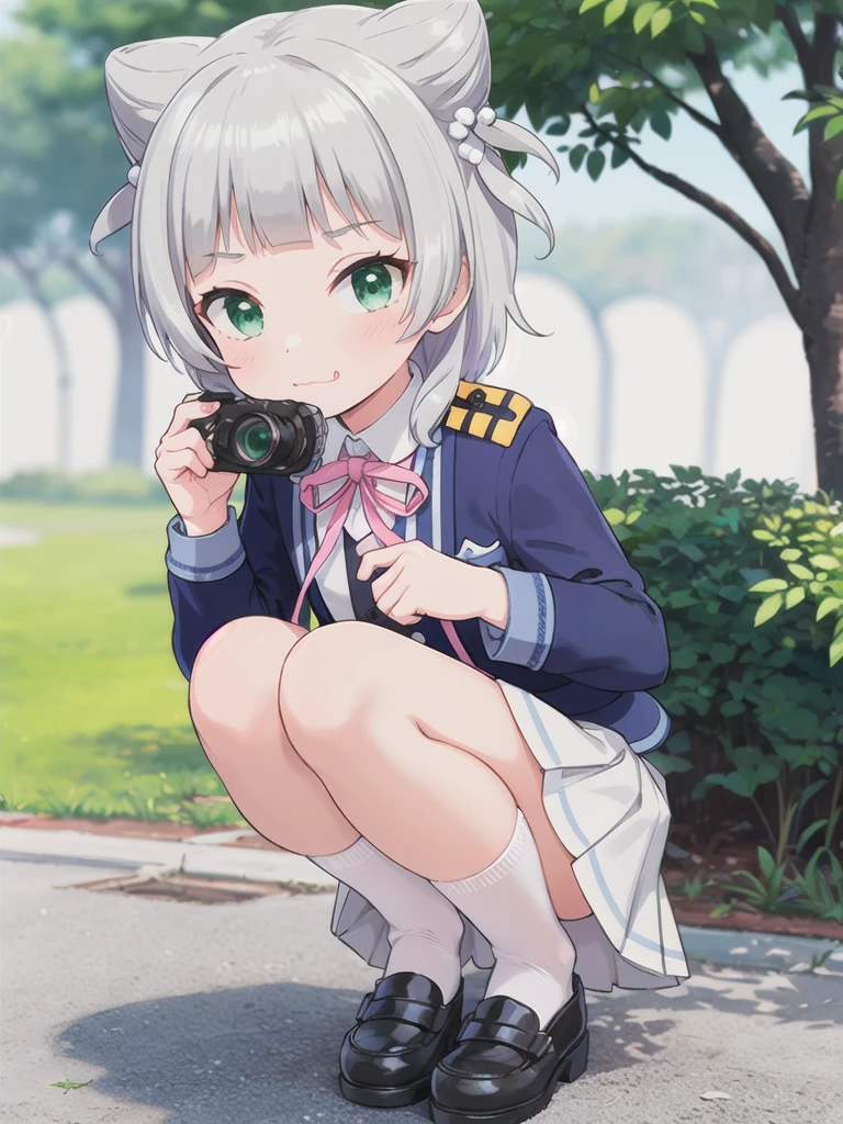 Outdoor,((the way)),, 1girl,Green Eyes, Grey Hair, hair ornaments, bangs, Virtual YouTuber, blunt bangs, Double Bang, Animal ears, Flat Chest,uniform,Navy Blue Blazer,White shirt,Pink ribbon,Grey Skirt,Pink Panties,I have a pink camera,Bring the camera closer to your face,squat,Hold the camera,