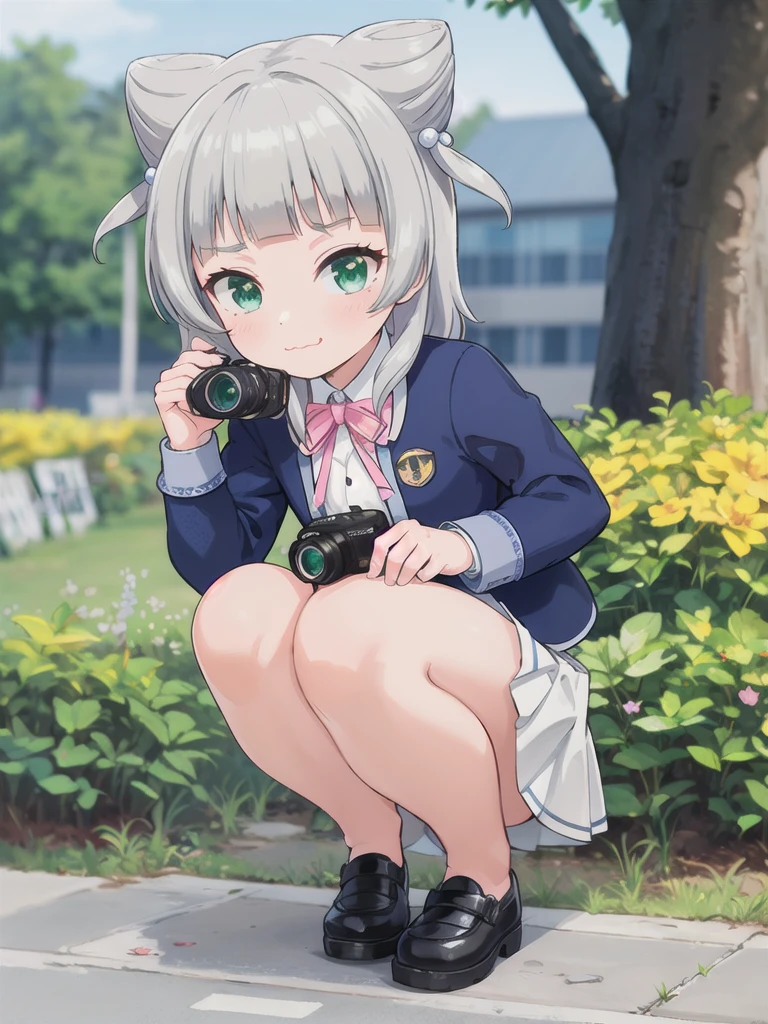 Outdoor,((the way)),, 1girl,Green Eyes, Grey Hair, hair ornaments, bangs, Virtual YouTuber, blunt bangs, Double Bang, Animal ears, Flat Chest,uniform,Navy Blue Blazer,White shirt,Pink ribbon,Grey Skirt,Pink Panties,I have a pink camera,Bring the camera closer to your face,squat,Hold the camera,
