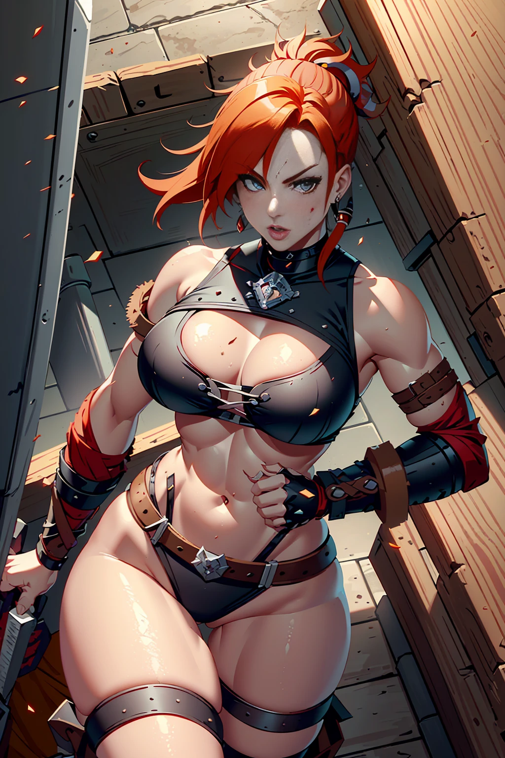 a woman with red hair and a large ax, a very beautiful berserker woman, female barbarian, north adult Warrior Woman, very beautiful female barbarian, barbarian class, north Warrior Woman, a pioneering barbarian pirate,wearing warrior leather armor, wearing left eye patch , Marvel-style super villain, 8K, better quality and full body in the image, inside a ship.