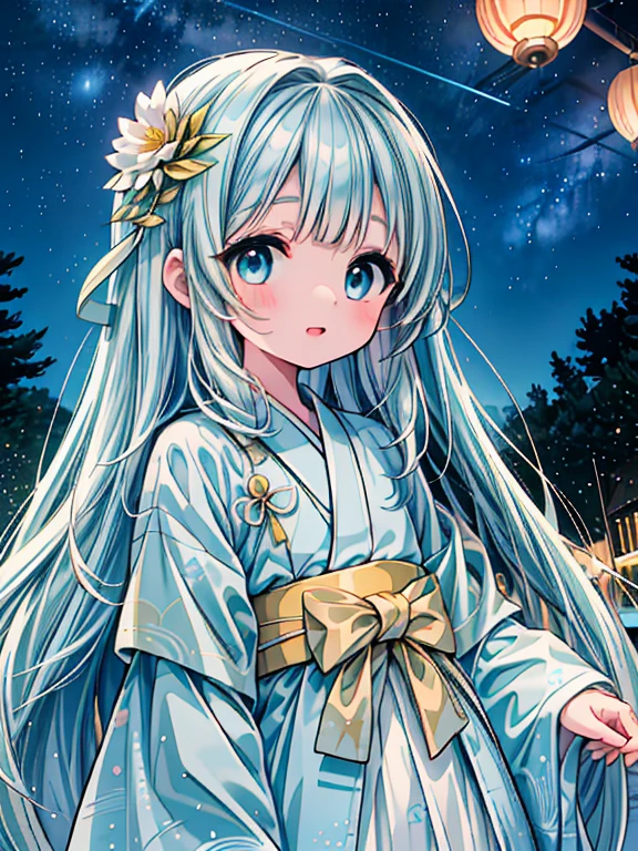 masterpiece, best quality, extremely detailed, (illustration, official art:1.1), 1 girl ,(((( light blue long hair)))), ,(((( light blue long hair)))),light blue hair, long hair ((blush)) , cute face, big eyes, masterpiece, best quality,(((((a very delicate and beautiful girl,))))),Amazing,beautiful detailed eyes,blunt bangs、((((little delicate girl)))),tareme(true beautiful:1.2), sense of depth,dynamic angle, ,flat chest, Tanabata、Top quality, masterpiece, Hikoboshi and Orihime, best smile, looking up at the sky, yukata, Milky Way, night view, Tanabata Festival, large tall bamboos and colorful hanging decoration,gold light particles effect、Starry sky
