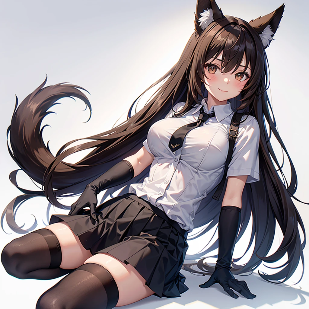 best quality, solo,Franka, 1girl, solo, long hair, breasts, looking at viewer, blush, smile, bangs, skirt, large breasts, simple background, brown hair, shirt, thighhighs, gloves, white background, animal ears, hair between eyes, brown eyes, very long hair, closed mouth, tail, short sleeves, black gloves, elbow gloves, collared shirt, black skirt, animal ear fluff, fox ears, fox tail, fox girl, single thighhigh, grey shirt, asymmetrical legwear,