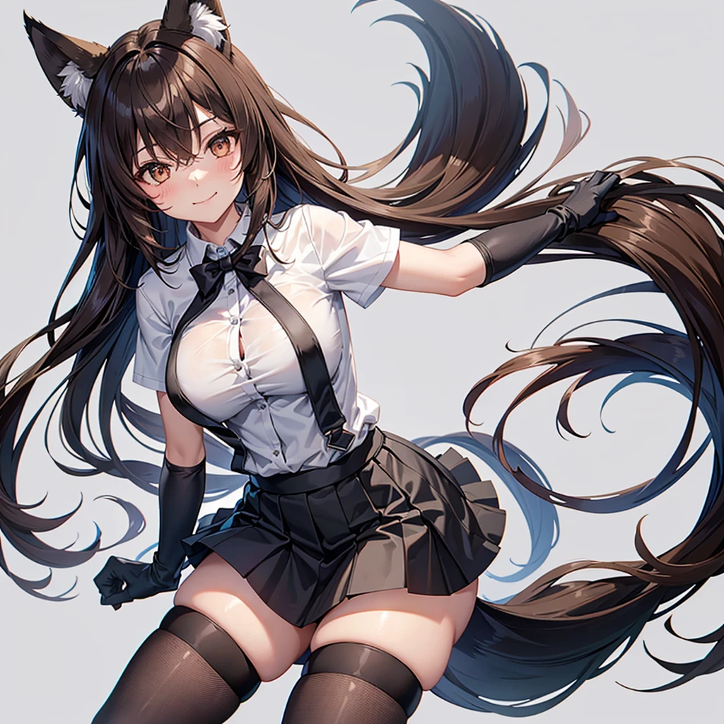 best quality, solo,Franka, 1girl, solo, long hair, breasts, looking at viewer, blush, smile, bangs, skirt, large breasts, simple background, brown hair, shirt, thighhighs, gloves, white background, animal ears, hair between eyes, brown eyes, very long hair, closed mouth, tail, short sleeves, black gloves, elbow gloves, collared shirt, black skirt, animal ear fluff, fox ears, fox tail, fox girl, single thighhigh, grey shirt, asymmetrical legwear,