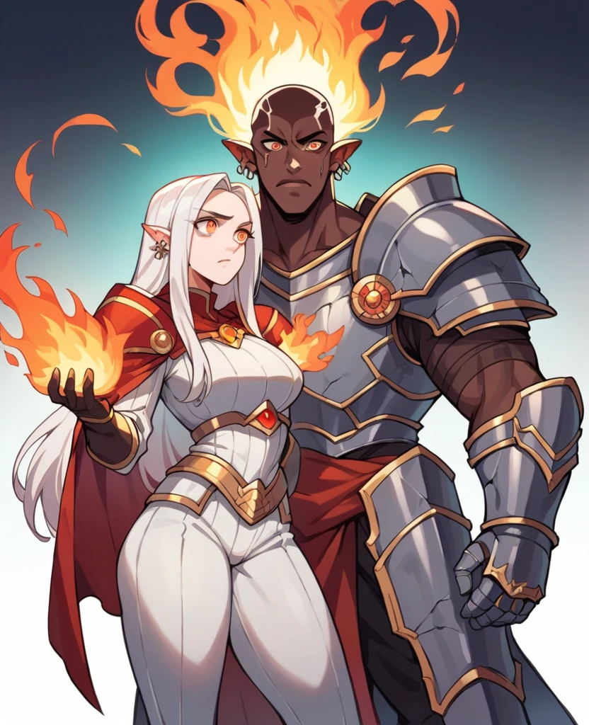 2 people (1 Female,pierce pointed eyers,red long hair,orange eyes,curvy,broken armour,dark expression ,fire control) (1 male,pierced pointed ears,white long hair,red eyes,5'4,broken armour,dark expression,blood control) side by side