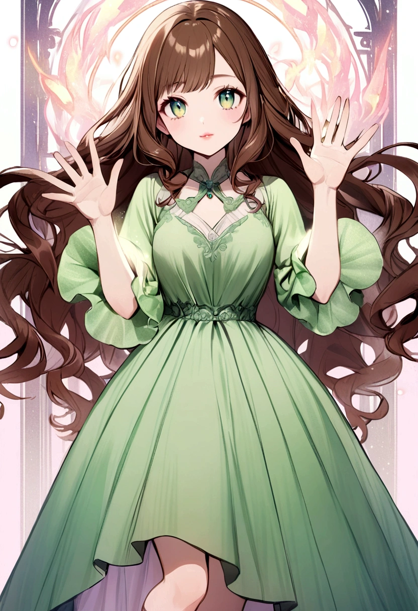 wavy long hair, brown hair, 1girl, emerald eyes, waving with two fingers, pink lips, pastel green dress,