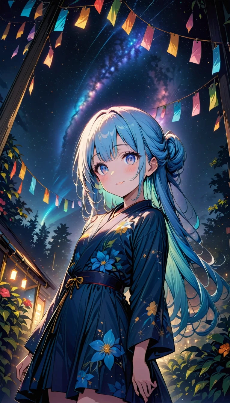 masterpiece, best quality, extremely detailed, (illustration, official art:1.1), 1 girl ,(((( light blue long hair)))), ,(((( light blue long hair)))),light blue hair, long hair ((blush)) , cute face, big eyes, masterpiece, best quality,(((((a very delicate and beautiful girl,))))),Amazing,beautiful detailed eyes,blunt bangs、((((little delicate girl)))),tareme(true beautiful:1.2), sense of depth,dynamic angle, ,flat chest, Tanabata、Top quality, masterpiece, Hikoboshi and Orihime, best smile, looking up at the sky, yukata, Milky Way, night view, Tanabata Festival, large tall bamboos and colorful hanging decoration,gold light particles effect、Starry sky

