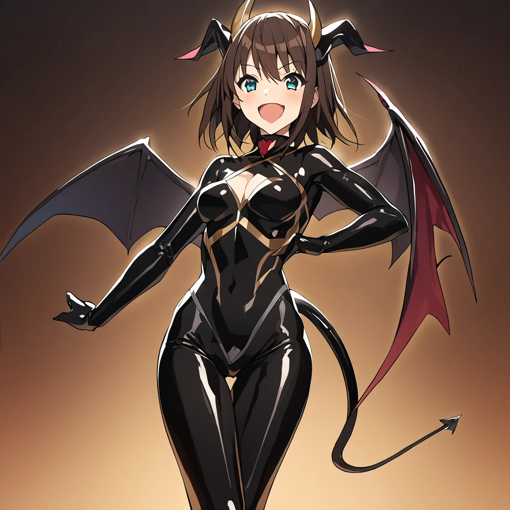 ((Highest quality)), ((masterpiece)), (detailed), （Perfect Face）、The woman is naked and wearing a shiny black full-body bodysuit decorated with gold, the sexy female demon, Devil Queen Haruhi Suzumiya、The woman is a female demon with magnificent devil horns, jet black devil wings and a jet black tail. She is looking at the camera with a happy expression, she is the demon Haruhi Suzumiya, she has short brown bob hair and the expression of a girl in love.、The Woman is Haruhi Suzumiya