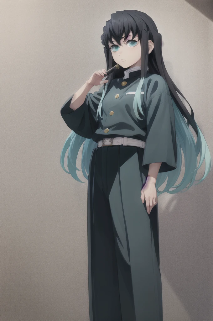 masterpiece, best quality, 1boy, muichiro,long hair, black hair, aqua hair, bangs,  multicolored hair, sidelocks, long sleeves, aqua eyes, demon slayer uniform, pants, standing, looking at viewer, ((horizontal arm))