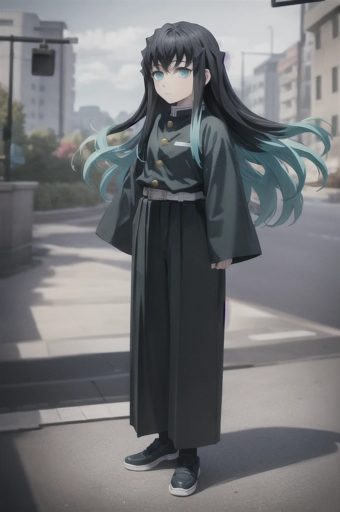 masterpiece, best quality, 1boy, muichiro,long hair, black hair, aqua hair, bangs, multicolored hair, sidelocks, long sleeves, aqua eyes, demon slayer uniform, pants, standing, looking at viewer, ((horizontal arm))