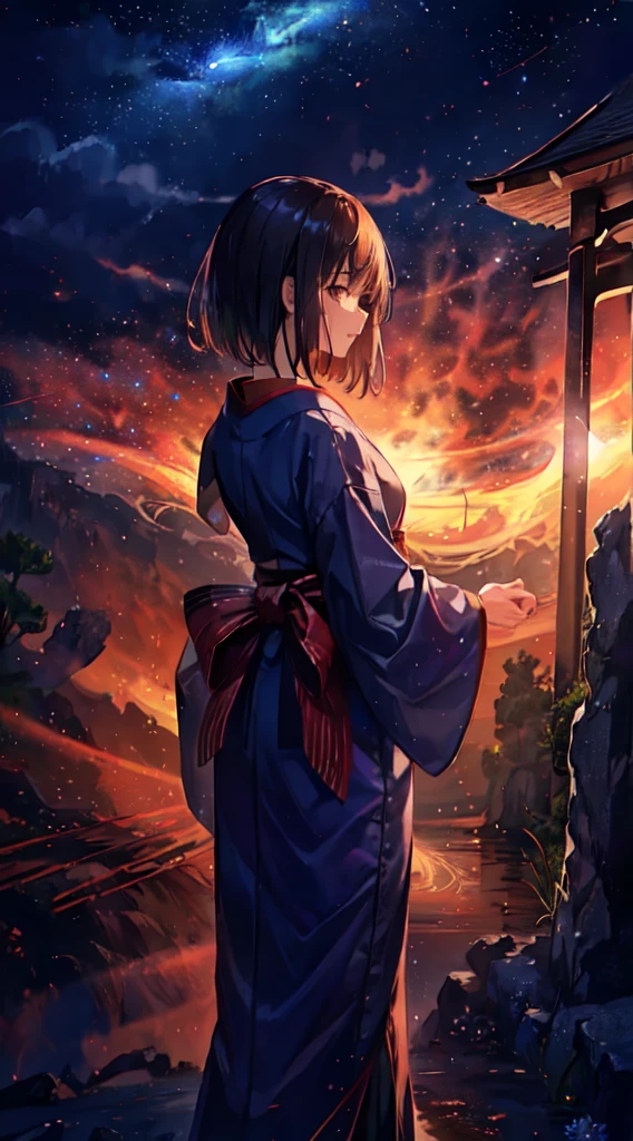 masterpiece、Highest quality、8K、High-definition CG unit wallpaper、High resolution、Highest quality、Highest qualityリアルテクスチャスキン、Surreal、Increase the resolution、RAW Photos、Highest quality、Very detailed、Girl with one pillow, distant girl wearing a kimono staring at the performer, (Zoom out:1.1), (Meteors:1.2), (comet:1.1), yourname, Low - Angle, From behind, Aloura Borealis, shooting star, yukata, Red kimono, firework、Summer Scenery、stall、, Standing in the field,Highest quality, masterpiece,  cloud,colorful, Starry sky,performer,