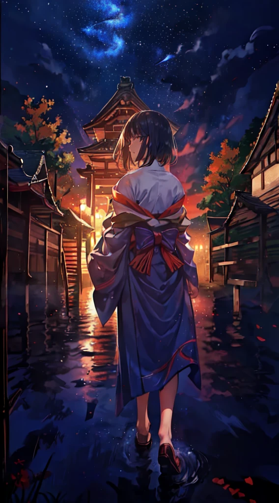 masterpiece、Highest quality、8K、High-definition CG unit wallpaper、High resolution、Highest quality、Highest qualityリアルテクスチャスキン、Surreal、Increase the resolution、RAW Photos、Highest quality、Very detailed、Girl with one pillow, distant girl wearing a kimono staring at the performer, (Zoom out:1.1), (Meteors:1.2), (comet:1.1), yourname, Low - Angle, From behind, Aloura Borealis, shooting star, yukata, Red kimono, firework、Summer Scenery、stall、, Standing in the field,Highest quality, masterpiece, cloud,colorful, Starry sky,performer,