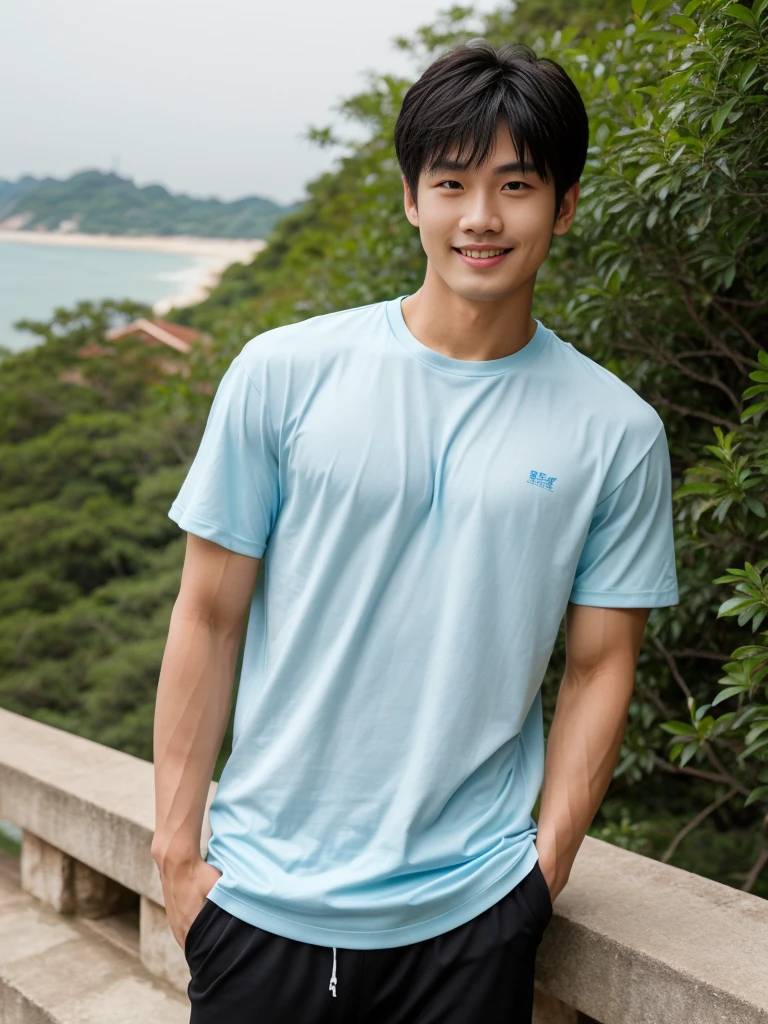 独奏: 1.5, (As a matter of fact, Masterpiece, 8k HD, good light quality, sportswear, fit the face, complicated details), A handsome Korean young man with muscular arms. , 20 years old, be happy, smile brightly, detailed face, delicate eyes, look at the sky, Wear a navy tight T-shirt.:1.6 ,Wear a denim coat., jeans period, black eyes, Black hair color, ผมsmooth, smooth，Surreal，Superb details，Highest quality，real，Open your mouth to talk. , Close your eyes., (Standing in a Thai restaurant, Burmese temple:1.1)