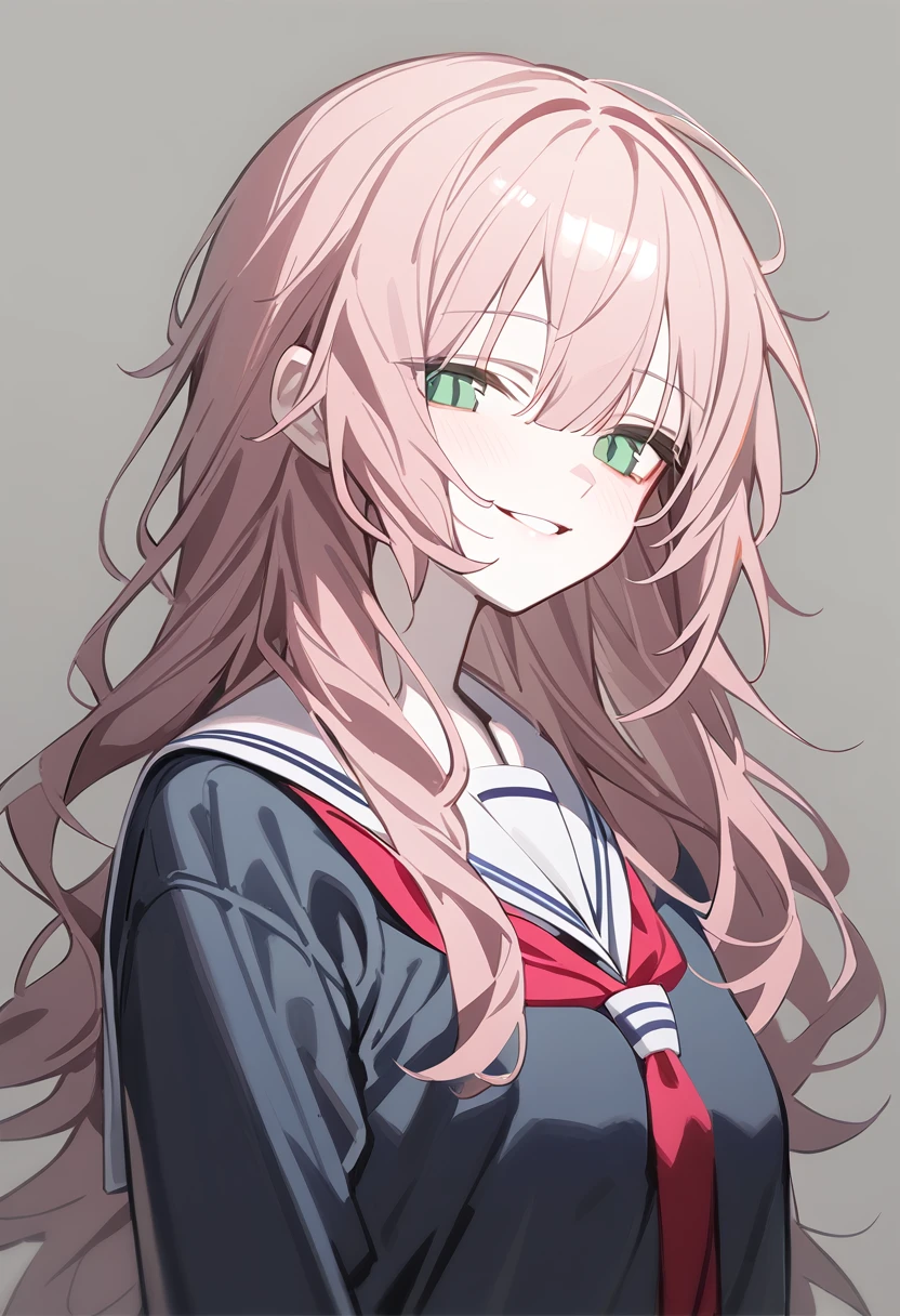 1 girl, Alone, Teenage girl, pink fur, wide, messy hair, wavy fur, long bangs, pale skin, Green eyes, SMILE, stoic, standing, (school uniform), (Gray background, simple background), Upper part of the body, Masterpiece, Best Quality