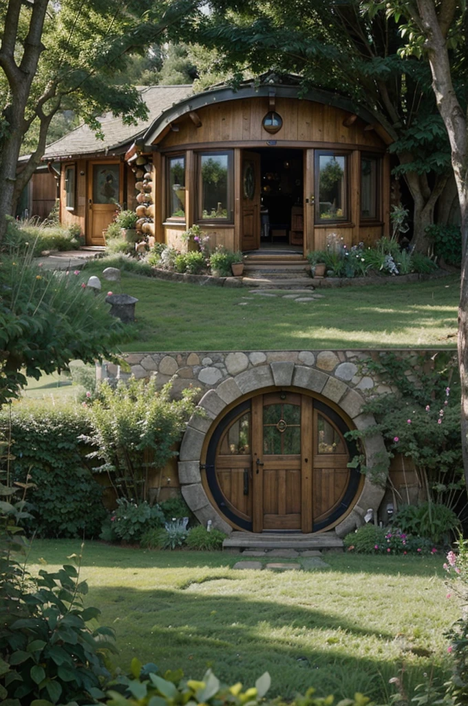 Cozy Hobbit homes nestled in rolling green hills with round doors and lush gardens