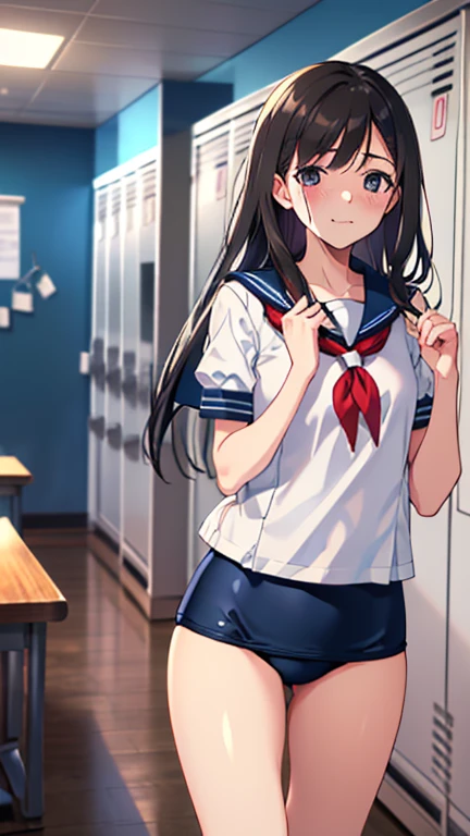 masterpiece,Highest quality,High resolution,shape,Very detailed,8k wallpaper,Ray Tracing,girl,(Black Hair:1.1),((Long Hair:1.1)),(Black Eye 1:1.1),Straight hair,Medium Chest,((embarrassing 1:1.3)),((Female organ 1:1.3)),((White short-sleeved sailor uniform:1.2)),locker room,School Swimsuit