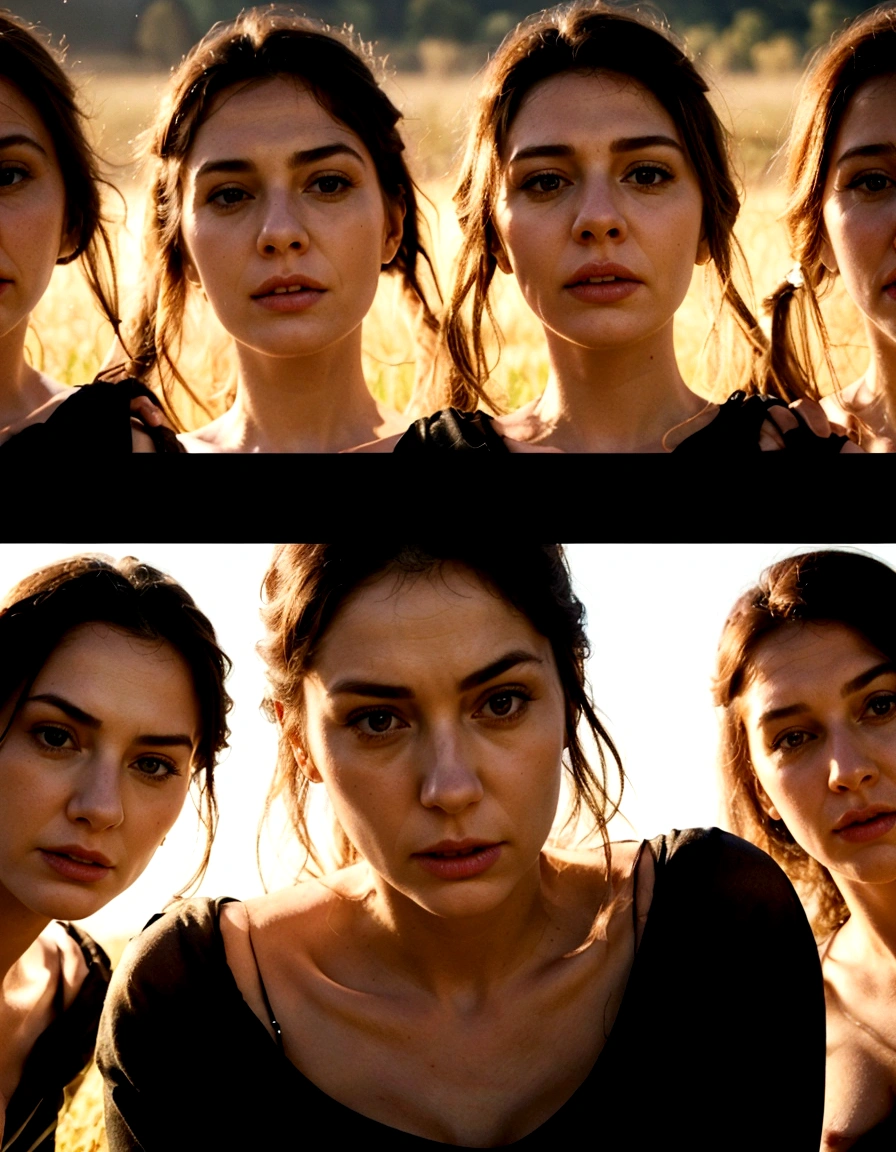 Realistic instagram photo..., detailed pretty faces, expressions of contempt and anger .Huge , three German women standing in a field naked, Soft natural volumetric light, cinematographic, perfect light, low view, breasts without clothes