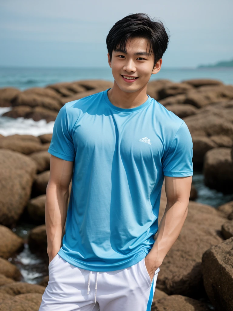 独奏: 1.5, (As a matter of fact, Masterpiece, 8k HD, good light quality, sportswear, fit the face, complicated details), A handsome, muscular young Korean man. , 20 years old, be happy, smile brightly, detailed face, delicate eyes, look at the sky, Wearing a tight blue and white t-shirt.:1.6, Long pants, period, black eyes, Black hair color, ผมsmooth, smooth, outdoor sports, By the sea, nighttime，Surreal，Awesome details，Highest quality，real，Open your mouth to talk. , Close your eyes., By the sea ชายหาด แสงแดด วิ่งเข้าหากล้อง