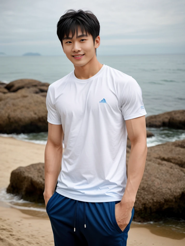 独奏: 1.5, (As a matter of fact, Masterpiece, 8k HD, good light quality, sportswear, fit the face, complicated details), A handsome, muscular young Korean man. , 20 years old, be happy, smile brightly, detailed face, delicate eyes, look at the sky, Wearing a tight blue and white t-shirt.:1.6, Long pants, period, black eyes, Black hair color, ผมsmooth, smooth, outdoor sports, By the sea, nighttime,Surreal,Awesome details,Highest quality,real,Open your mouth to talk. , Close your eyes., By the sea ชายหาด แสงแดด วิ่งเข้าหากล้อง