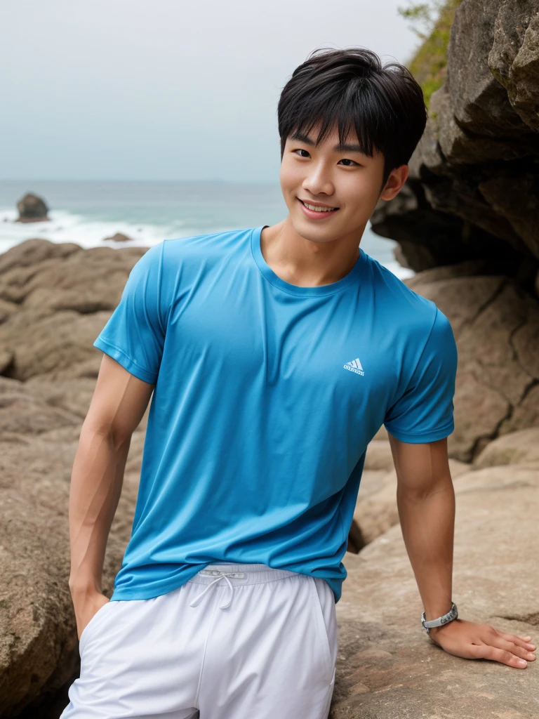 独奏: 1.5, (As a matter of fact, Masterpiece, 8k HD, good light quality, sportswear, fit the face, complicated details), A handsome, muscular young Korean man. , 20 years old, be happy, smile brightly, detailed face, delicate eyes, look at the sky, Wearing a tight blue and white t-shirt.:1.6, Long pants, period, black eyes, Black hair color, ผมsmooth, smooth, outdoor sports, By the sea, nighttime,Surreal,Awesome details,Highest quality,real,Open your mouth to talk. , Close your eyes., By the sea ชายหาด แสงแดด วิ่งเข้าหากล้อง