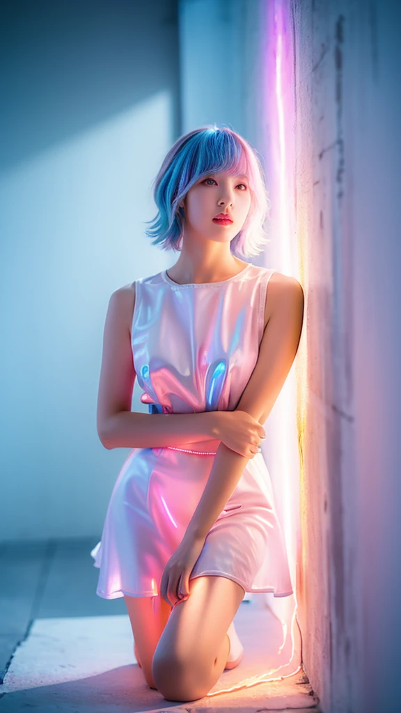 xuer hologram laser dress, ((Hit the knee)),（masterpiece、Highest quality、High resolution），((practical)),（Colored Background)，（Splashes of color），pretty girl，Light blue和白色的长发，(Light blue, Pink Hair)，curl，The Shining，((Visible cracks)), ((Type I Valley)), ((E Cup)), Red and pink lips，large crack，Splashes of color，Volumetric lighting，Ample breasts, Graceful posture, Sexy thin legs